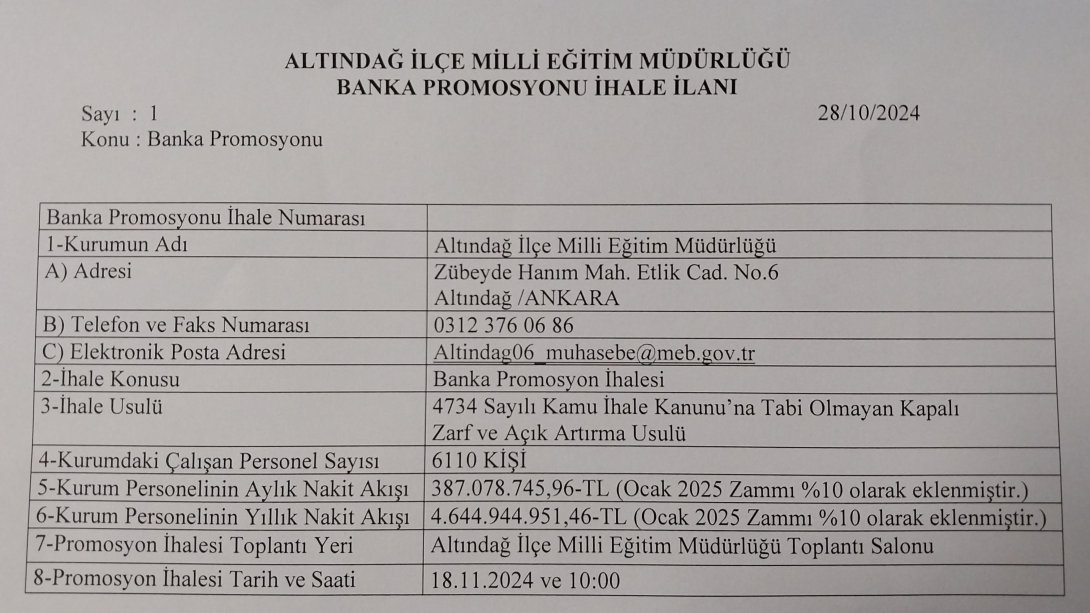 BANKA PROMOSYON İHALE İLANI