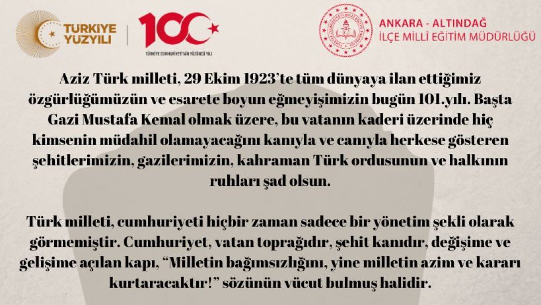 29 EKİM CUMHURİYET BAYRAMI İLÇE MİLLİ EĞİTİM MÜDÜRÜMÜZ SN. HASAN YILDIRIM MESAJI